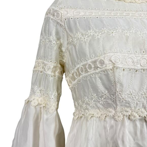 Vintage Prairie Cottagecore Victorian Bishio Sleeve Embroidered Ivory Dress XS - Picture 6 of 14